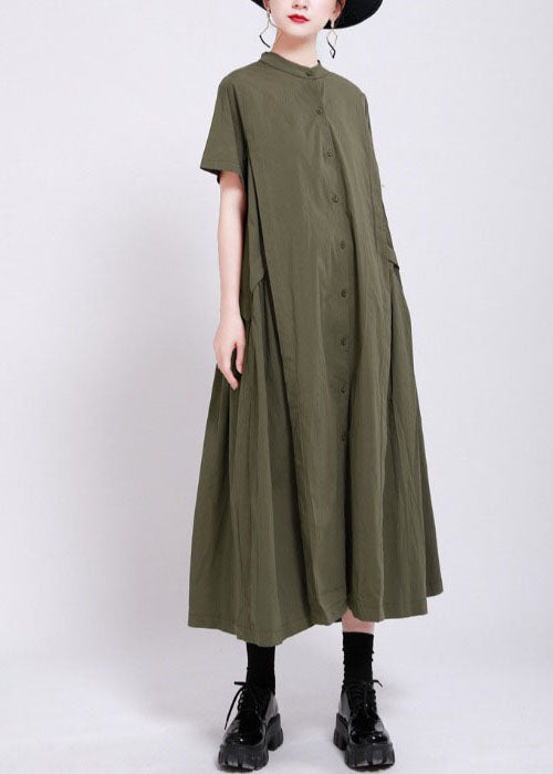 French Army Green Button Patchwork Wrinkled Cotton Long Dress Summer LY2119 - fabuloryshop