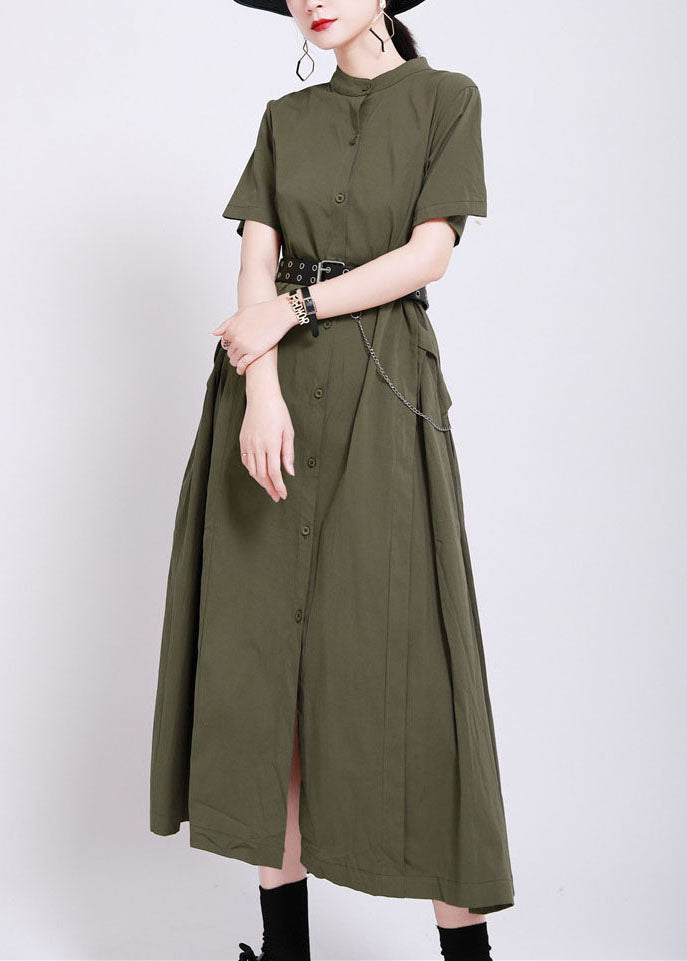 French Army Green Button Patchwork Wrinkled Cotton Long Dress Summer LY2119 - fabuloryshop