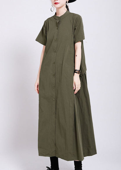 French Army Green Button Patchwork Wrinkled Cotton Long Dress Summer LY2119 - fabuloryshop