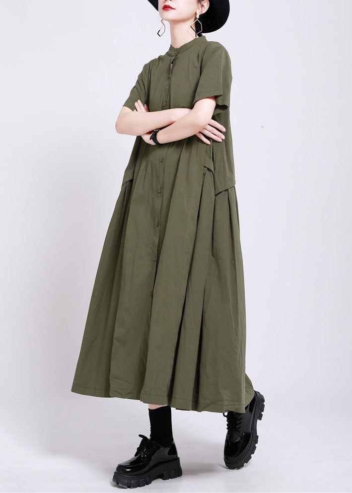 French Army Green Button Patchwork Wrinkled Cotton Long Dress Summer LY2119 - fabuloryshop