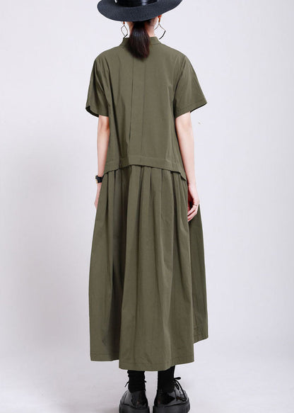 French Army Green Button Patchwork Wrinkled Cotton Long Dress Summer LY2119 - fabuloryshop