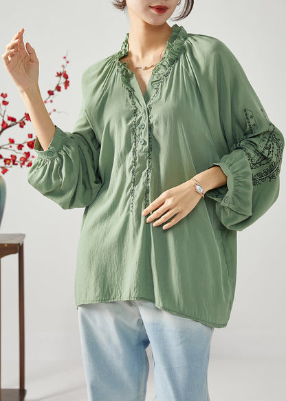 French Army Green Embroideried Ruffled Cotton Shirts Spring LY1112 - fabuloryshop