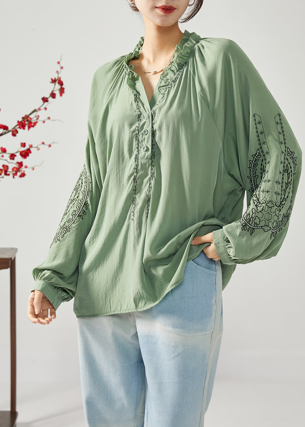 French Army Green Embroideried Ruffled Cotton Shirts Spring LC0382 - fabuloryshop