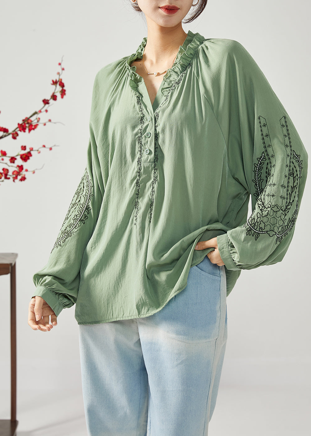 French Army Green Embroideried Ruffled Cotton Shirts Spring LY1112 - fabuloryshop