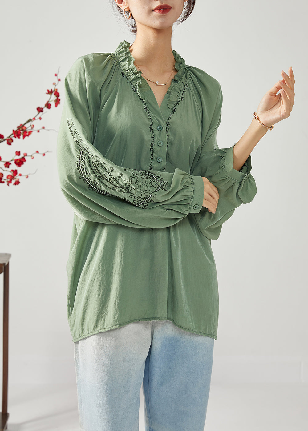 French Army Green Embroideried Ruffled Cotton Shirts Spring LC0382 - fabuloryshop