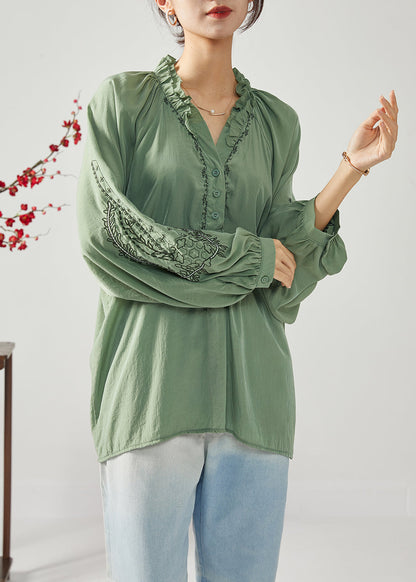 French Army Green Embroideried Ruffled Cotton Shirts Spring LY1112 - fabuloryshop