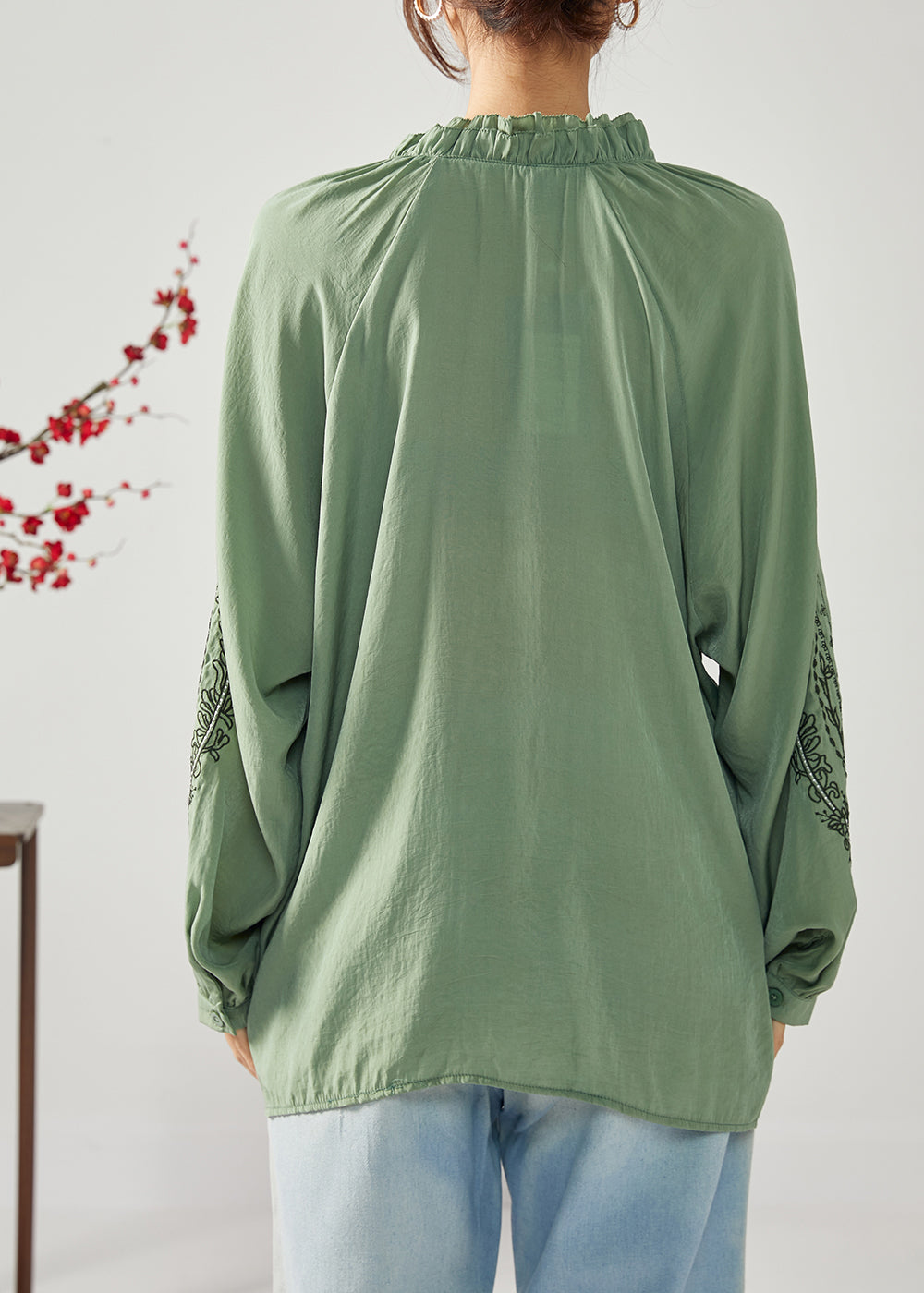 French Army Green Embroideried Ruffled Cotton Shirts Spring LC0382 - fabuloryshop