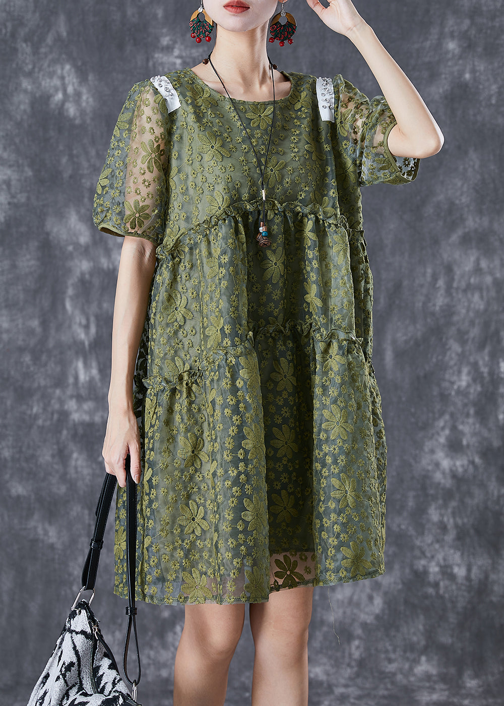 French Army Green Embroideried Ruffled Tulle Vacation Dresses Summer TD1005 - fabuloryshop