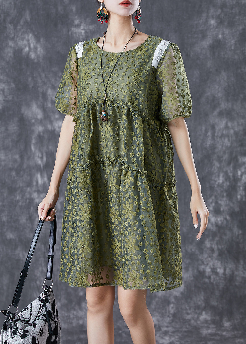 French Army Green Embroideried Ruffled Tulle Vacation Dresses Summer TD1005 - fabuloryshop