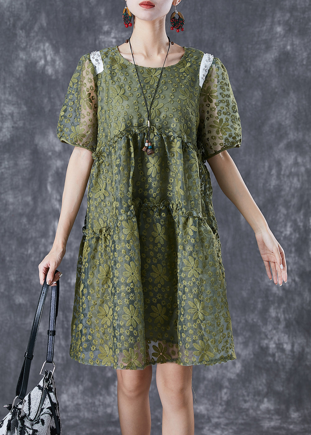 French Army Green Embroideried Ruffled Tulle Vacation Dresses Summer TD1005 - fabuloryshop