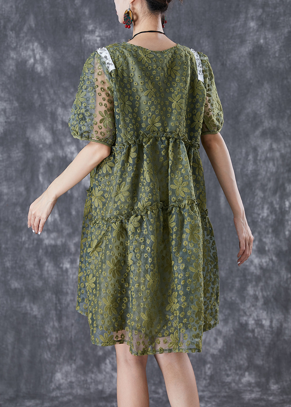 French Army Green Embroideried Ruffled Tulle Vacation Dresses Summer TD1005 - fabuloryshop