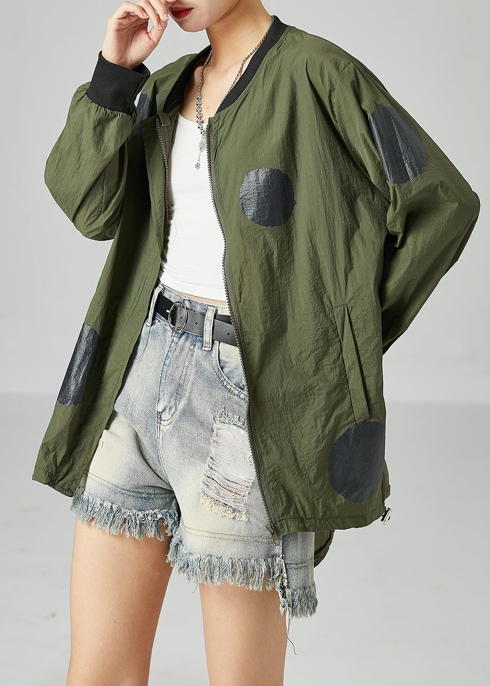 French Army Green Oversized Patchwork Drawstring Silk Coats Spring LY2447 - fabuloryshop