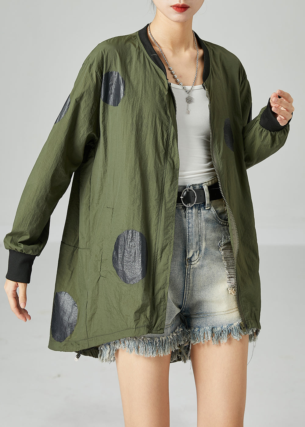 French Army Green Oversized Patchwork Drawstring Silk Coats Spring LY2447 - fabuloryshop