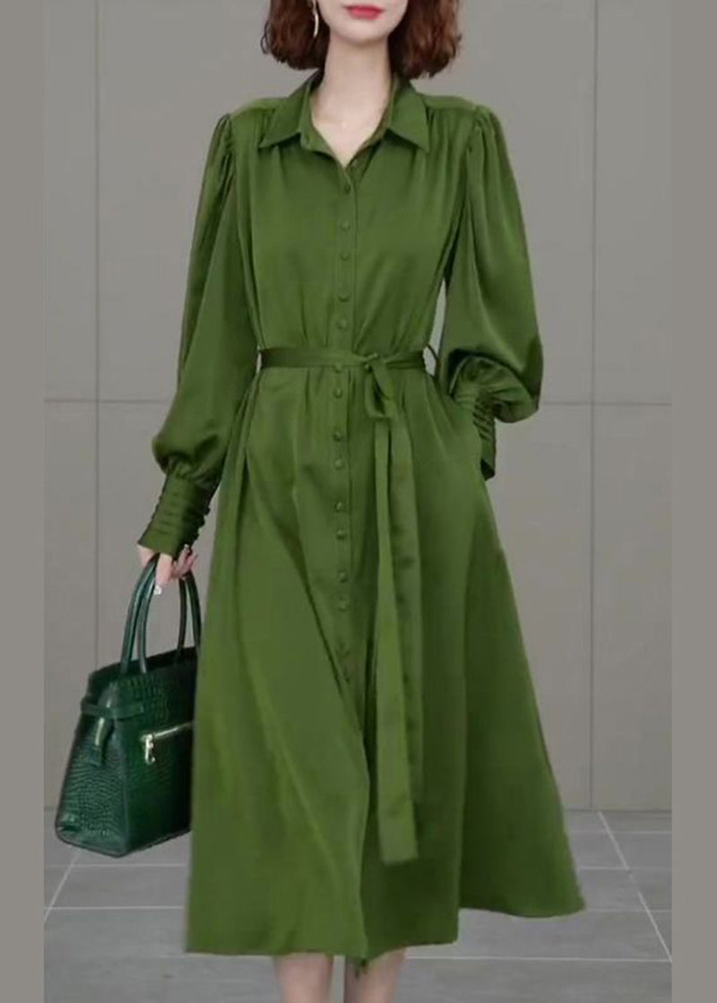 French Army Green Peter Pan Collar Tie Waist Chiffon Vacation Dresses Spring LY2773 - fabuloryshop