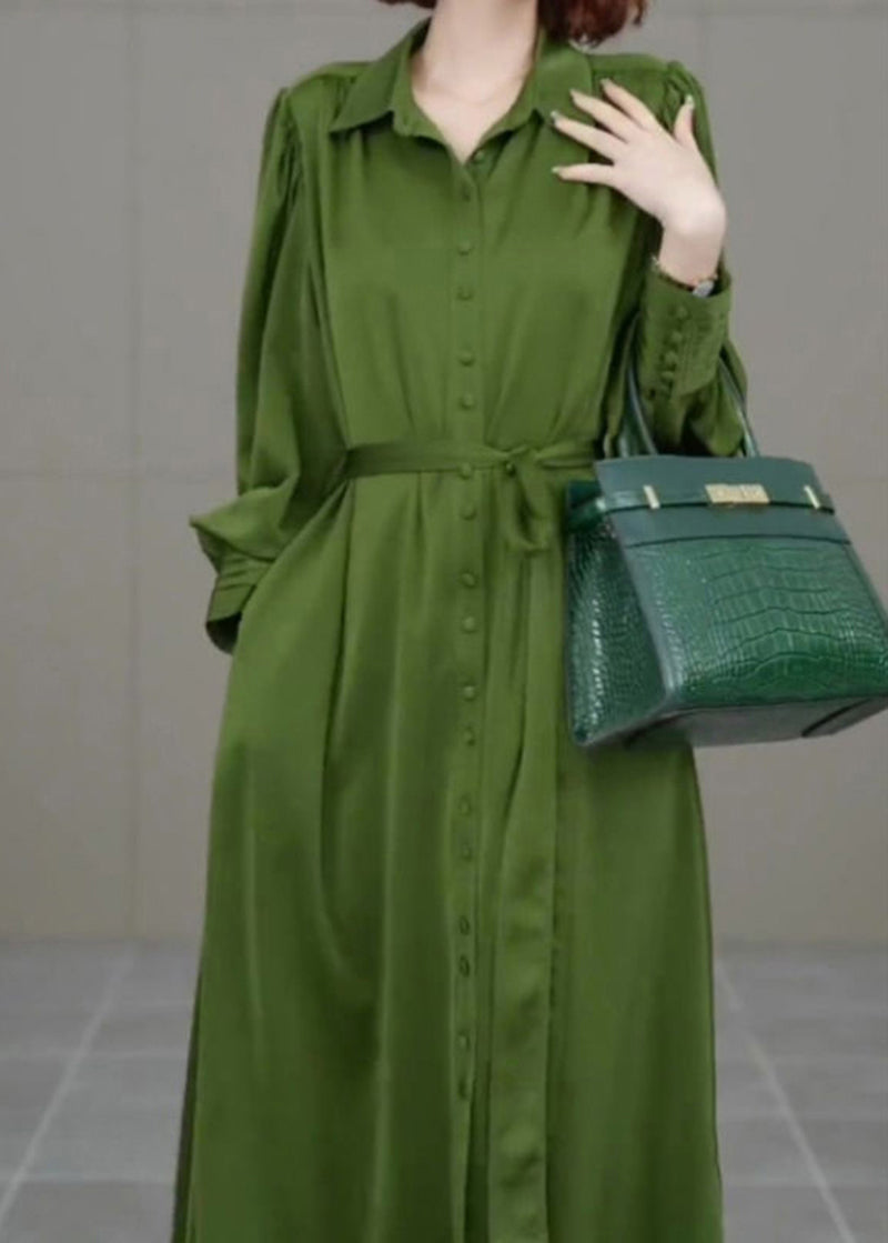 French Army Green Peter Pan Collar Tie Waist Chiffon Vacation Dresses Spring LY2773