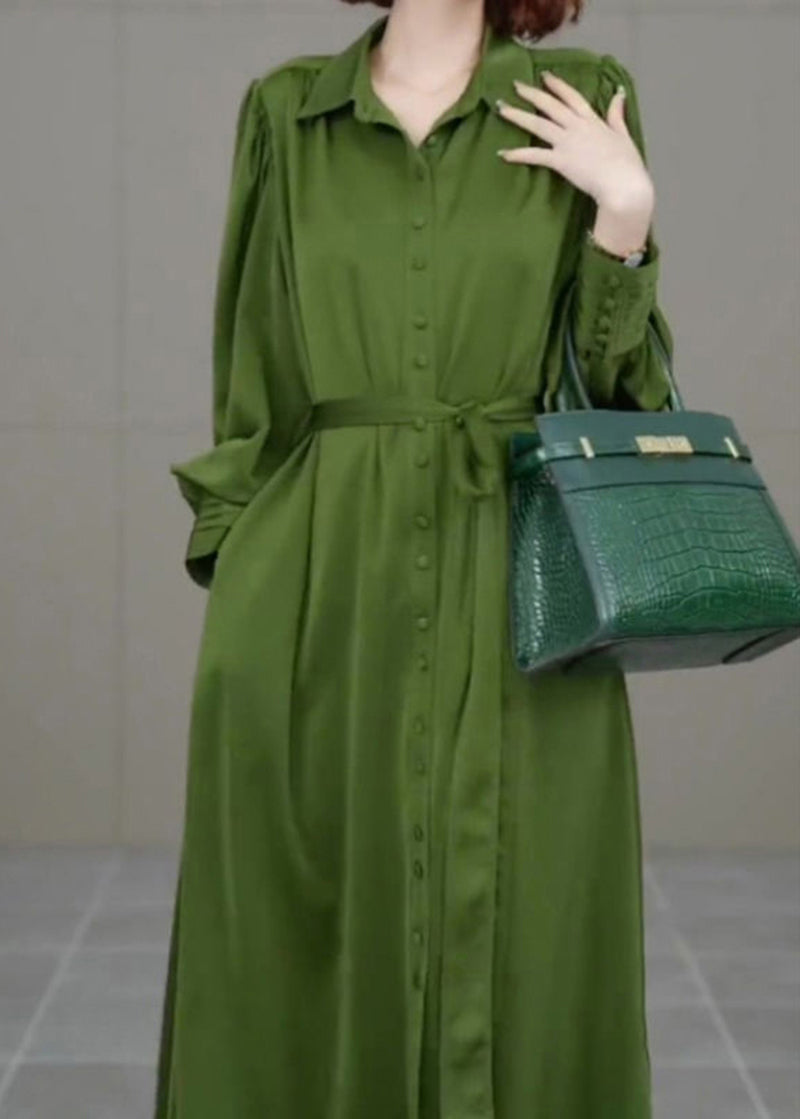 French Army Green Peter Pan Collar Tie Waist Chiffon Vacation Dresses Spring LY2773 - fabuloryshop