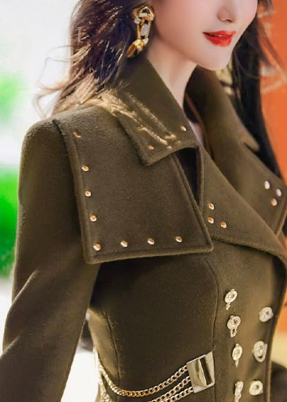 French Army Green Rivet Patchwork Slim Fit Woolen Trench Winter Ada Fashion