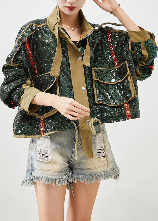 French Army Green Sequins Oversized Drawstring Jacket Fall Ada Fashion