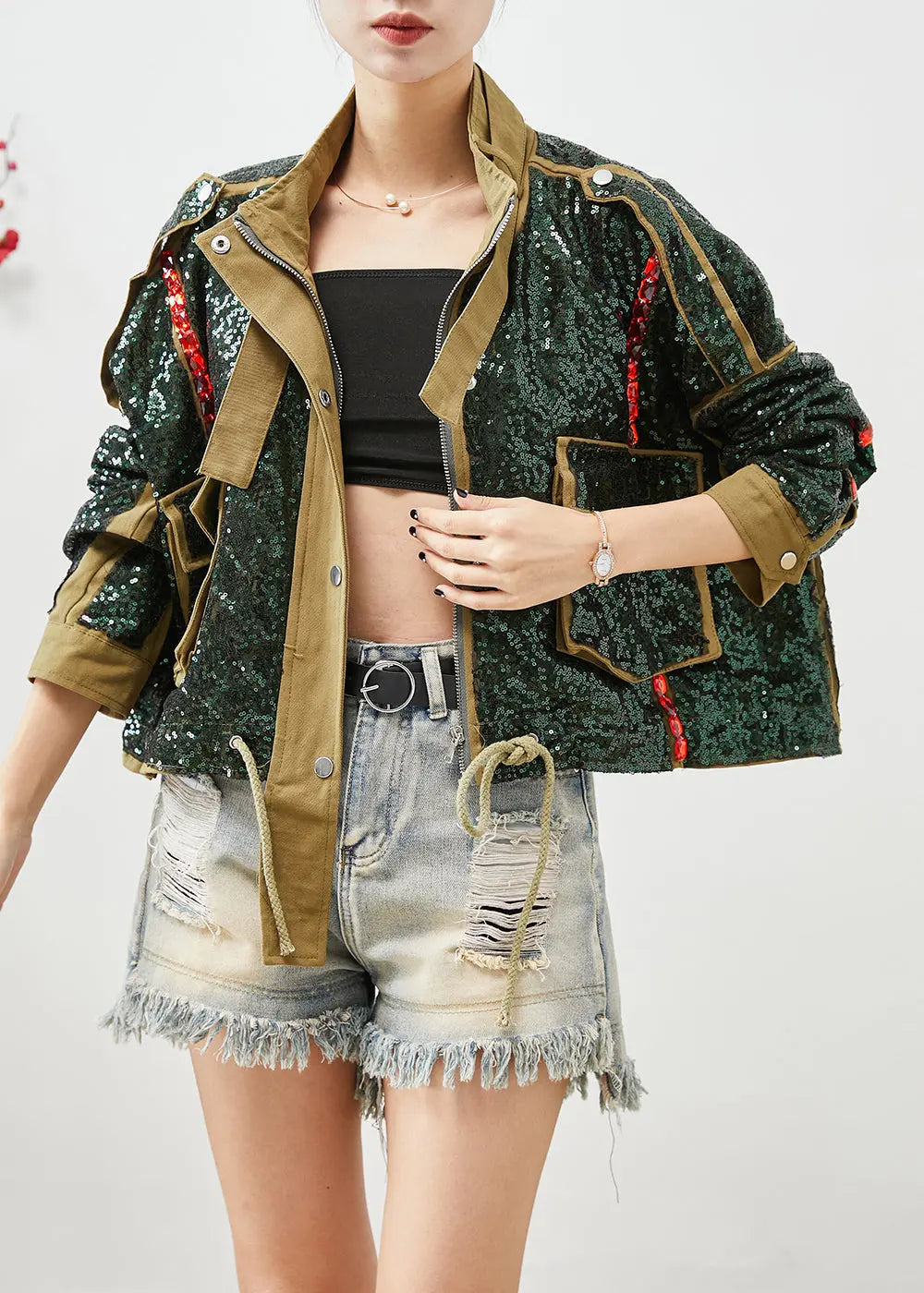 French Army Green Sequins Oversized Drawstring Jacket Fall Ada Fashion