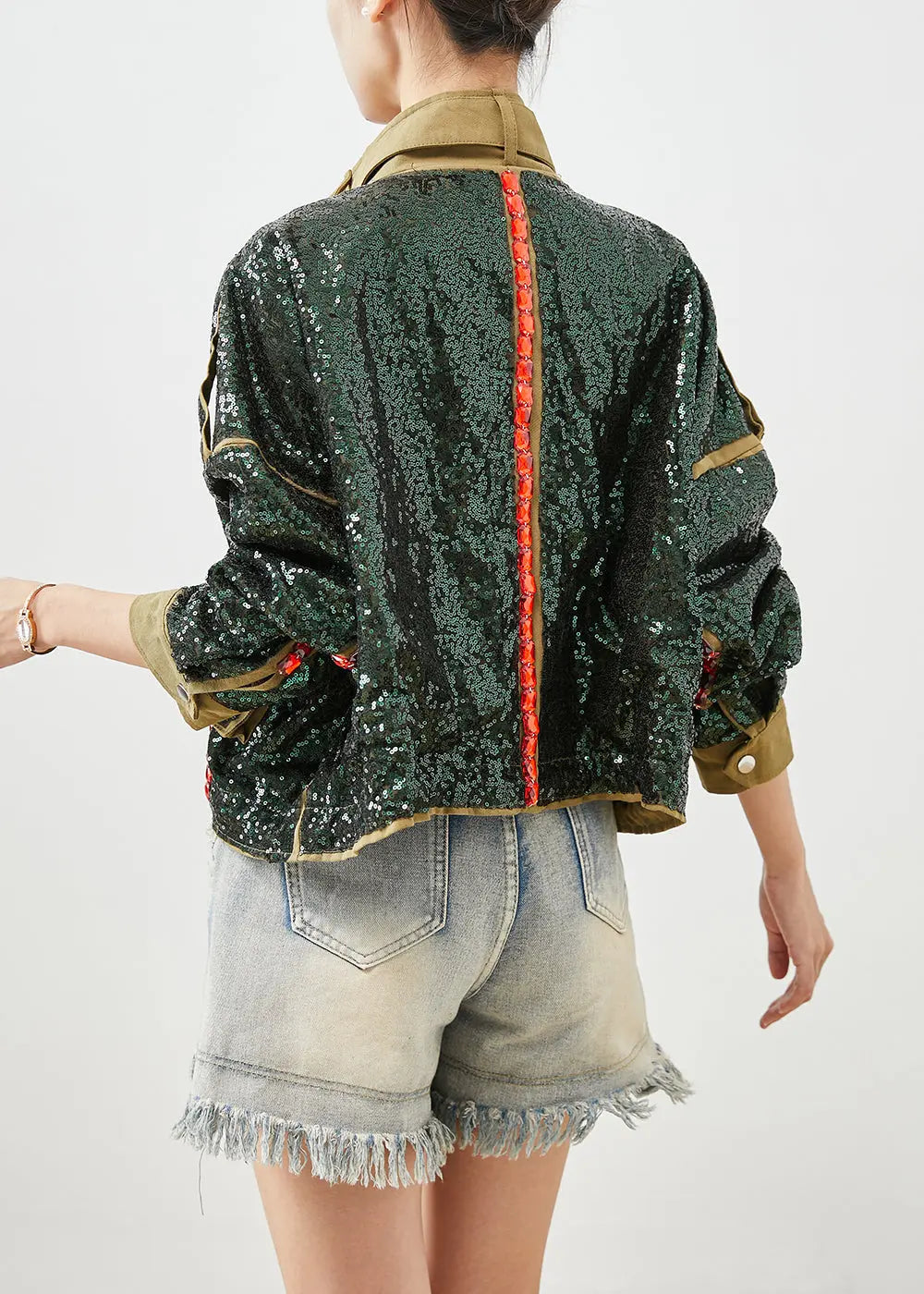 French Army Green Sequins Oversized Drawstring Jacket Fall Ada Fashion