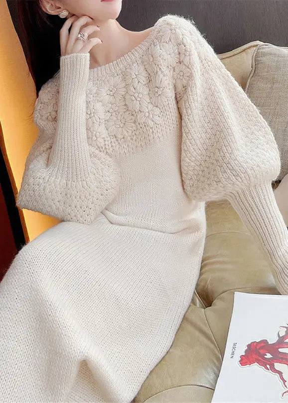 French Beige Flower Knitted Off Shoulder Sweater Dress Autumn Ada Fashion