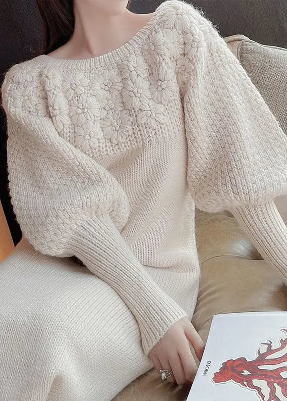 French Beige Flower Knitted Off Shoulder Sweater Dress Autumn Ada Fashion