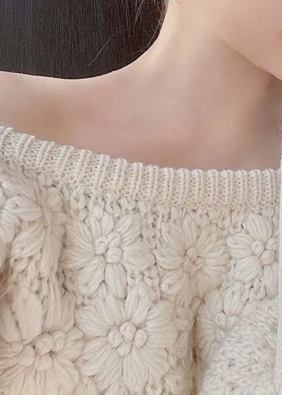 French Beige Flower Knitted Off Shoulder Sweater Dress Autumn Ada Fashion