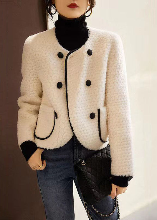 French Beige O Neck Pockets Patchwork Wool Coats Winter Ada Fashion