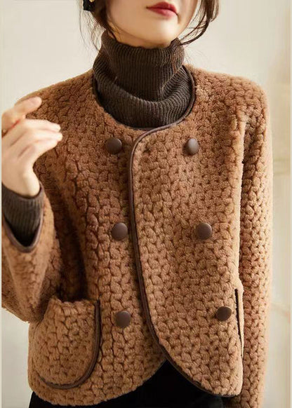 French Beige O Neck Pockets Patchwork Wool Coats Winter Ada Fashion