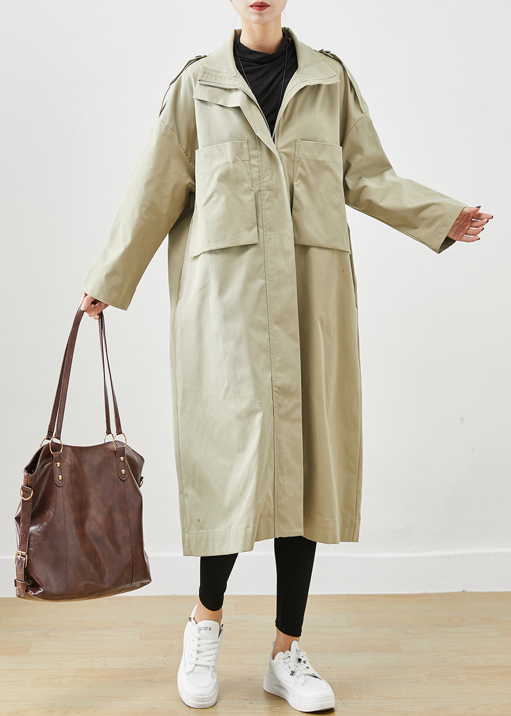 French Beige Oversized Big Pockets Cotton Coat Outwear Fall ML2451