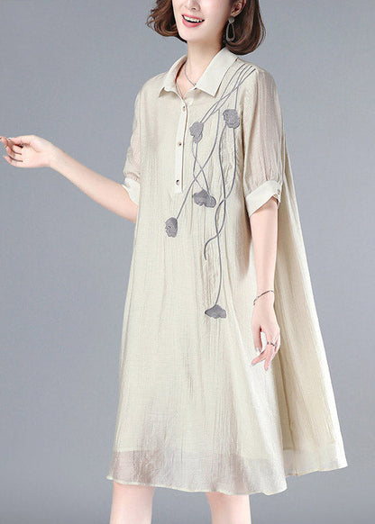 French Beige Peter Pan Collar Embroideried Button Long Dress Summer LY3791 - fabuloryshop