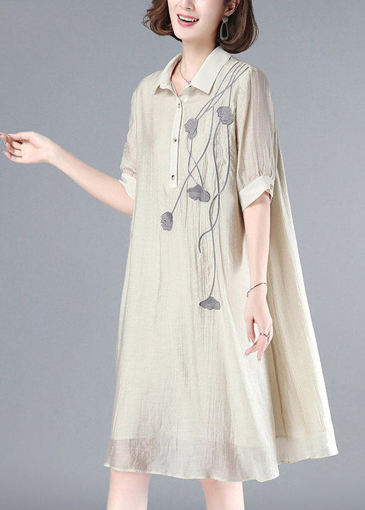 French Beige Peter Pan Collar Embroideried Button Long Dress Summer LY3791 - fabuloryshop