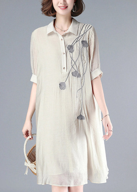 French Beige Peter Pan Collar Embroideried Button Long Dress Summer LY3791 - fabuloryshop