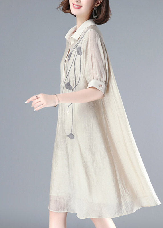 French Beige Peter Pan Collar Embroideried Button Long Dress Summer LY3791 - fabuloryshop