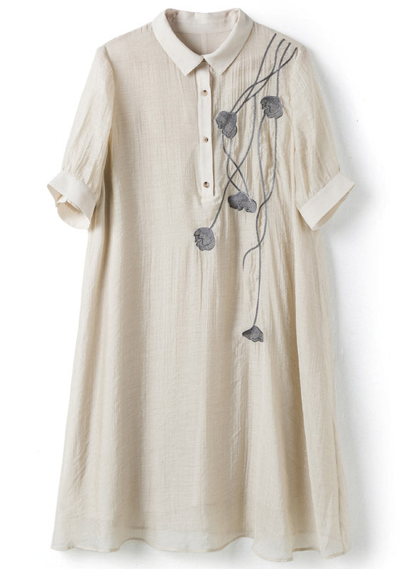 French Beige Peter Pan Collar Embroideried Button Long Dress Summer LY3791 - fabuloryshop