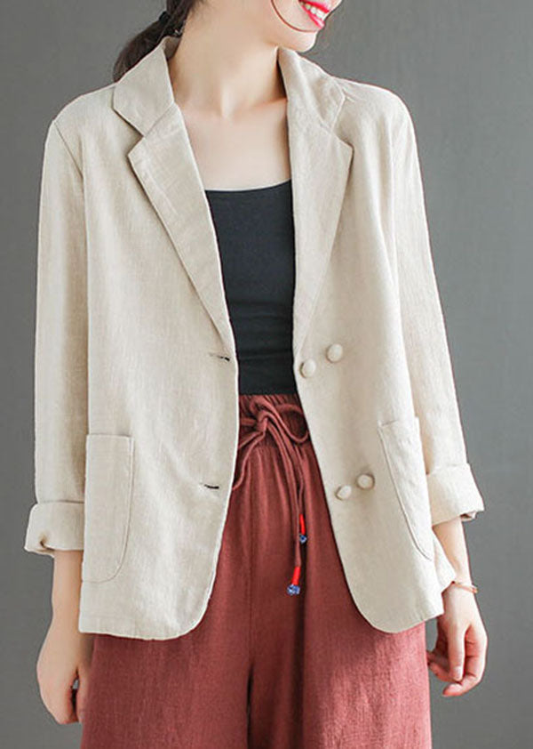 French Beige Peter Pan Collar Pockets Slim Fit Linen Coats Spring TG1066 - fabuloryshop