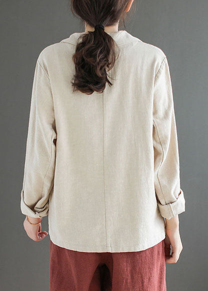 French Beige Peter Pan Collar Pockets Slim Fit Linen Coats Spring TG1066 - fabuloryshop