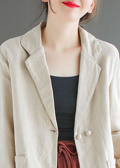 French Beige Peter Pan Collar Pockets Slim Fit Linen Coats Spring TG1066 - fabuloryshop