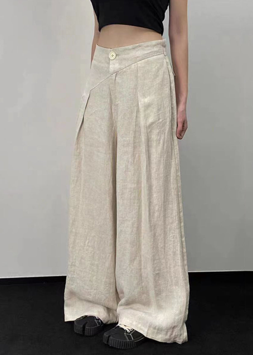 French Beige Pockets High WaistPatchwork Linen Wide Leg Pants Fall Ada Fashion