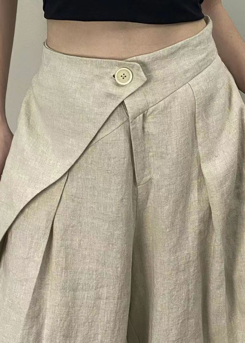 French Beige Pockets High WaistPatchwork Linen Wide Leg Pants Fall Ada Fashion