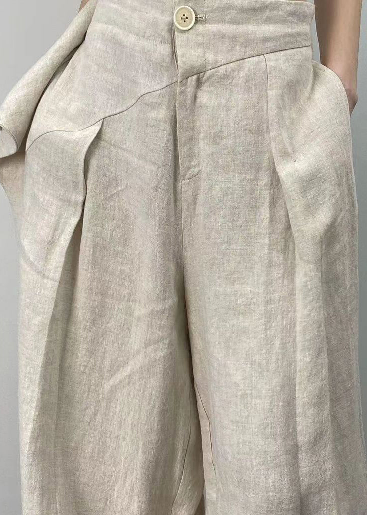 French Beige Pockets High WaistPatchwork Linen Wide Leg Pants Fall Ada Fashion