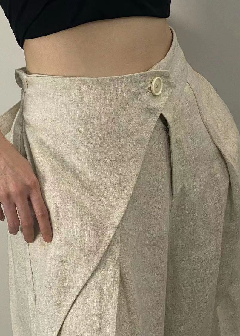 French Beige Pockets High WaistPatchwork Linen Wide Leg Pants Fall Ada Fashion