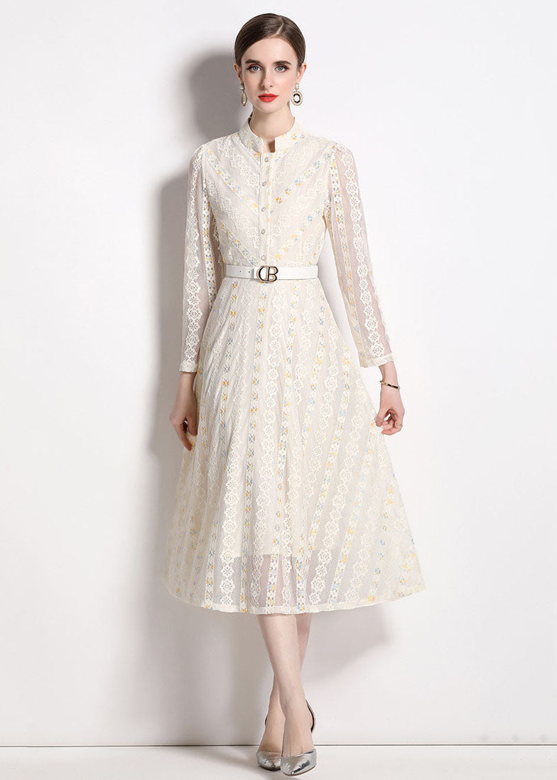 French Beige Stand Collar Embroideried Patchwork Lace Dresses Fall LY7459 - fabuloryshop