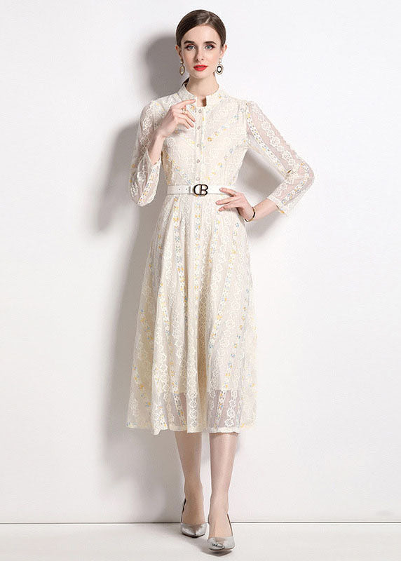 French Beige Stand Collar Embroideried Patchwork Lace Dresses Fall LY7459 - fabuloryshop