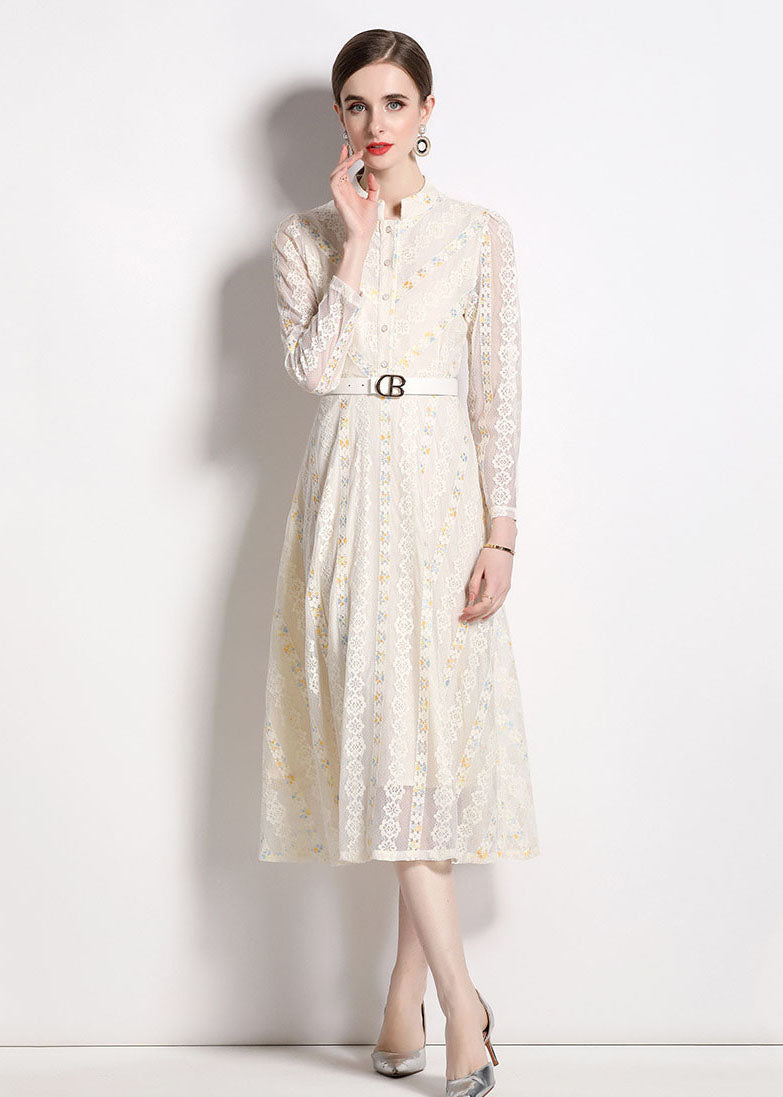 French Beige Stand Collar Embroideried Patchwork Lace Dresses Fall LY7459 - fabuloryshop