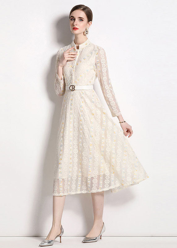 French Beige Stand Collar Embroideried Patchwork Lace Dresses Fall LY7459 - fabuloryshop