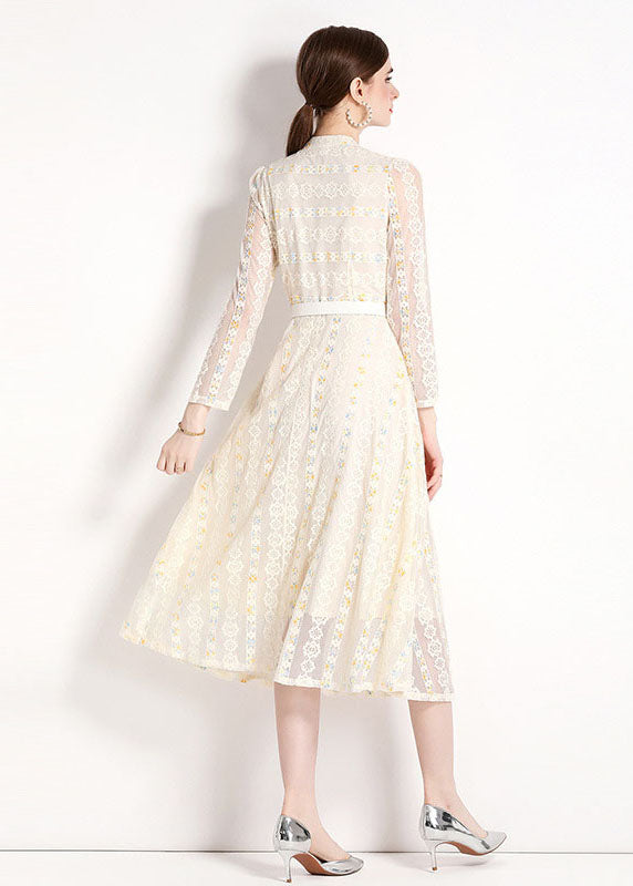 French Beige Stand Collar Embroideried Patchwork Lace Dresses Fall LY7459 - fabuloryshop