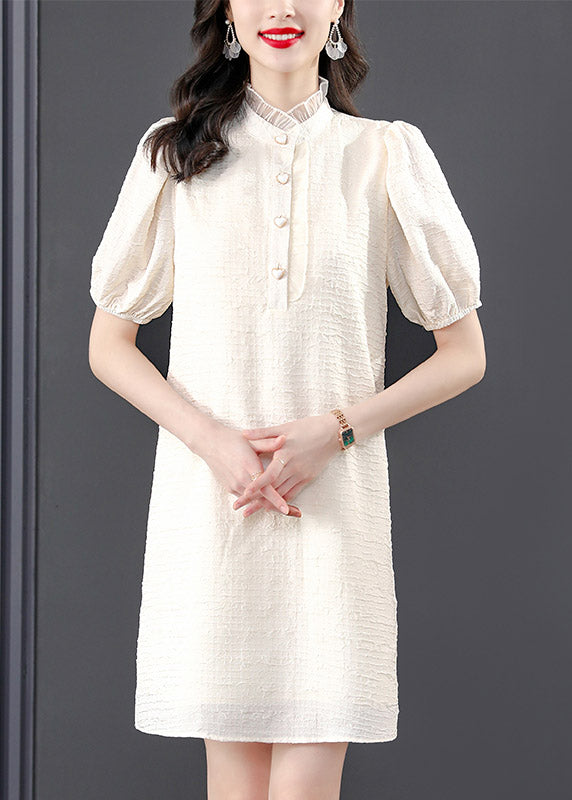 French Beige Stand Collar Lace Patchwork Button Mid Dress Summer TI1015 - fabuloryshop