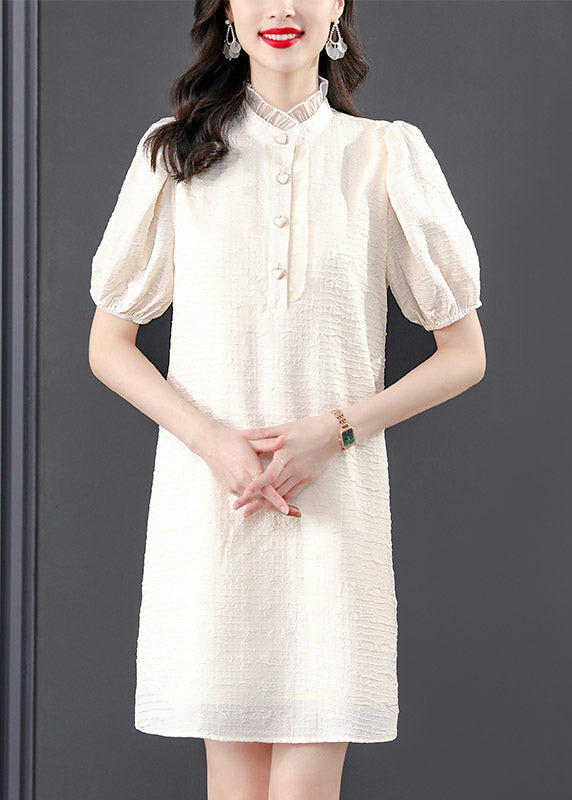 French Beige Stand Collar Lace Patchwork Button Mid Dress Summer LY4518 - fabuloryshop