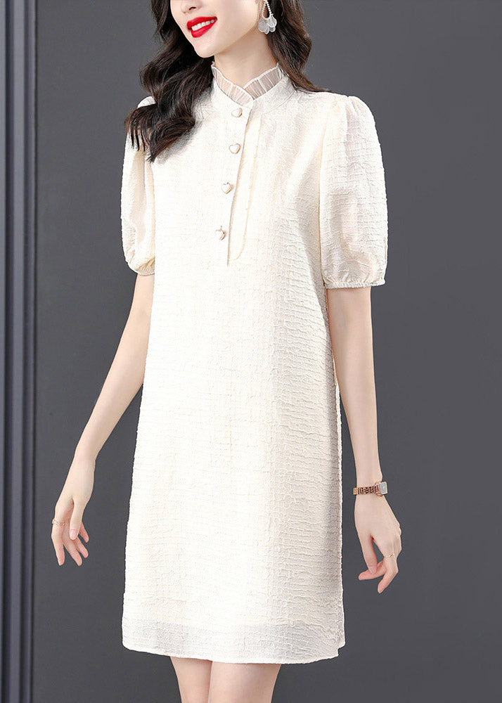 French Beige Stand Collar Lace Patchwork Button Mid Dress Summer TI1015 - fabuloryshop